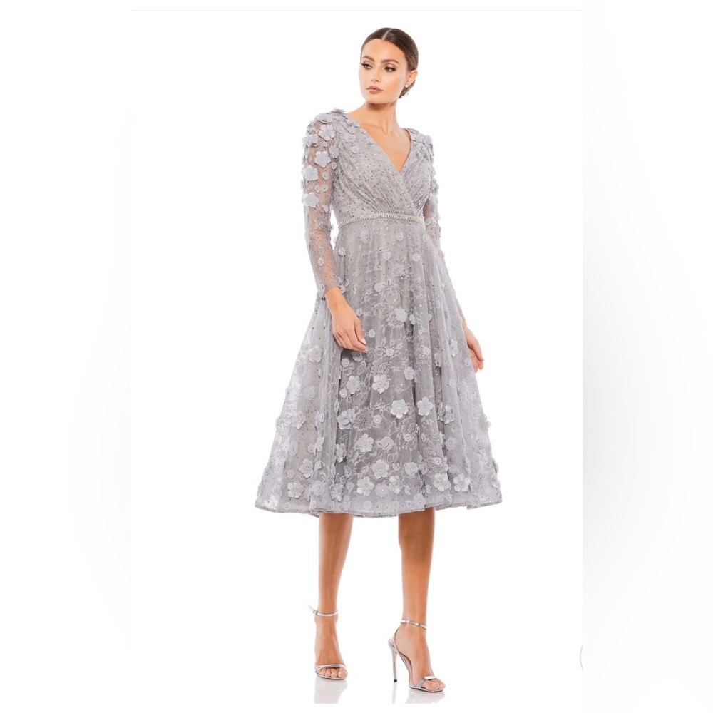 Mac Duggal FLORAL EMBELLISHED LACE A-LINE COCKTAIL DRESS Sterling 12